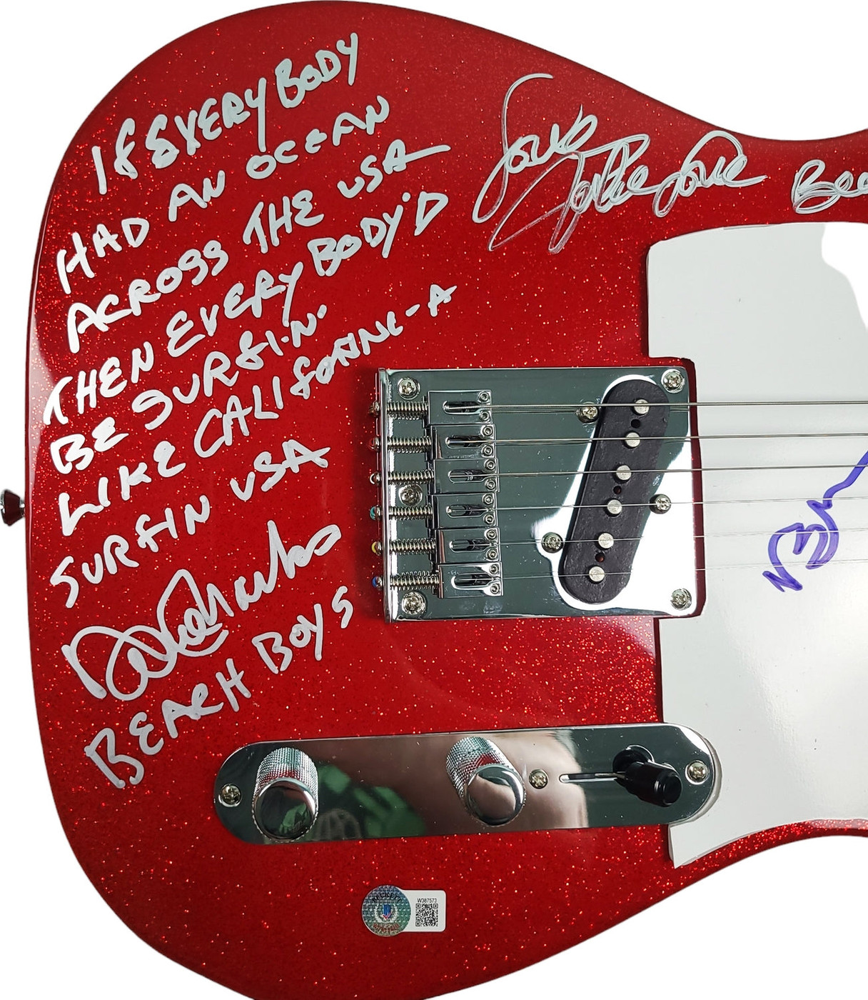 The Beach Boys Autographed Fender Guitar w Surfin USA Lyrics Exact Proof BAS Witness