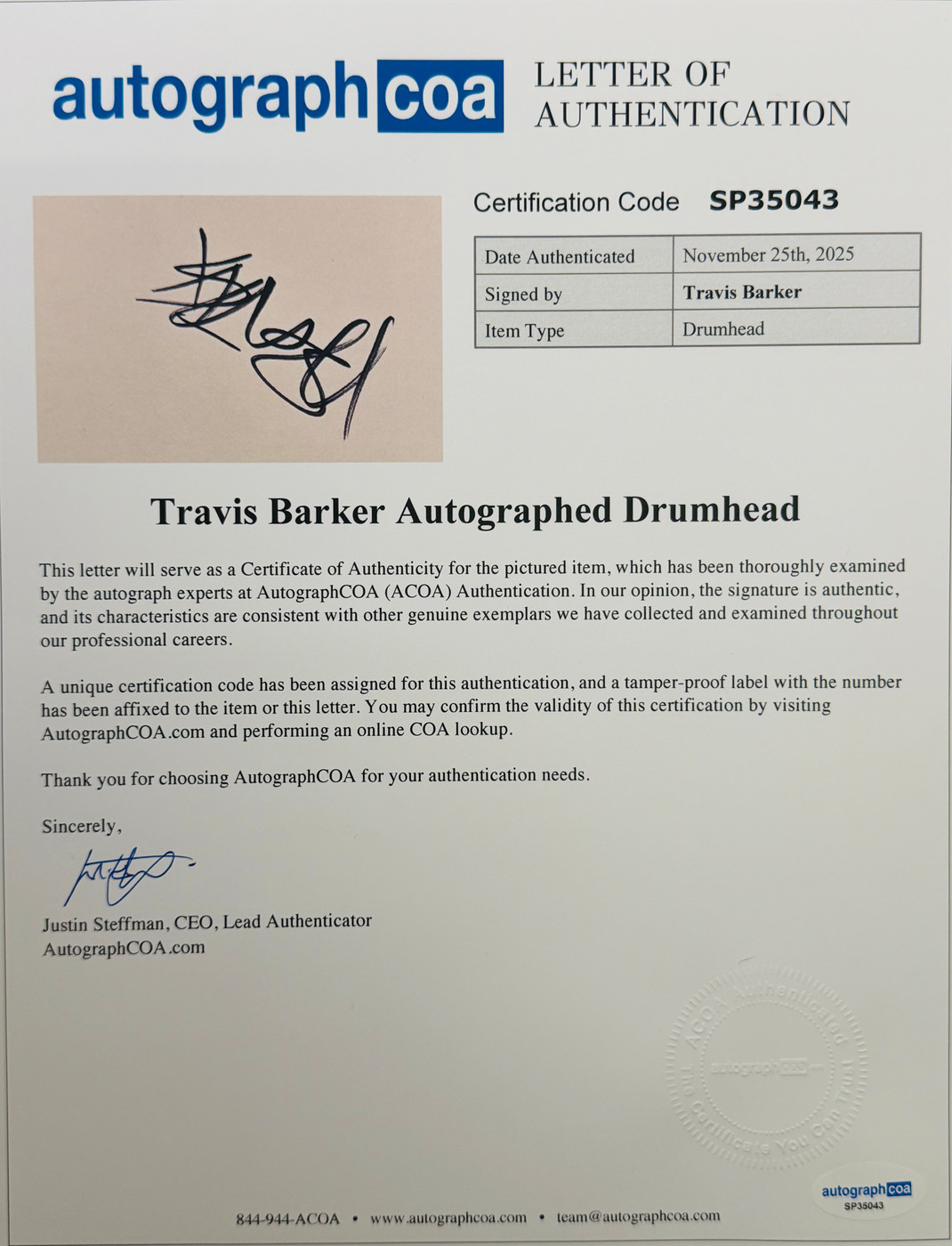 TRAVIS BARKER – Signed 10" Remo Drumhead