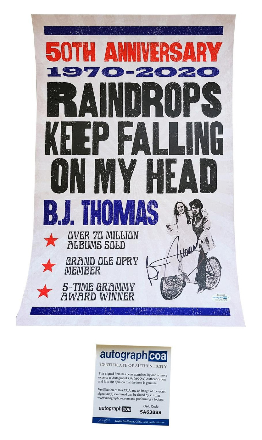 B.J. Thomas Signed Autographed 12x18 Raindrops Keep Falling Poster ACOA Version 2
