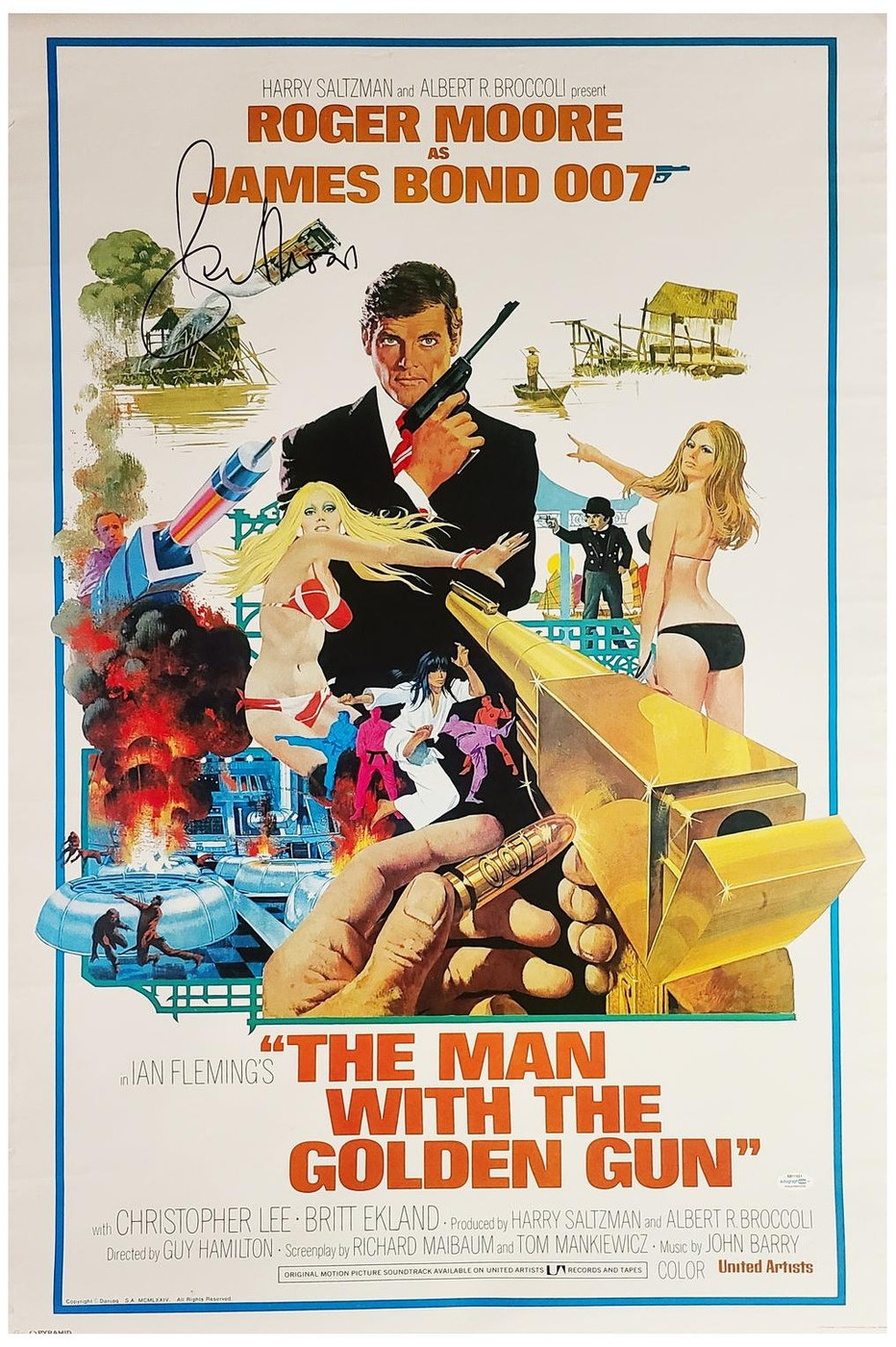 Roger Moore Signed James Bond The Man With the Golden Gun Poster ACOA