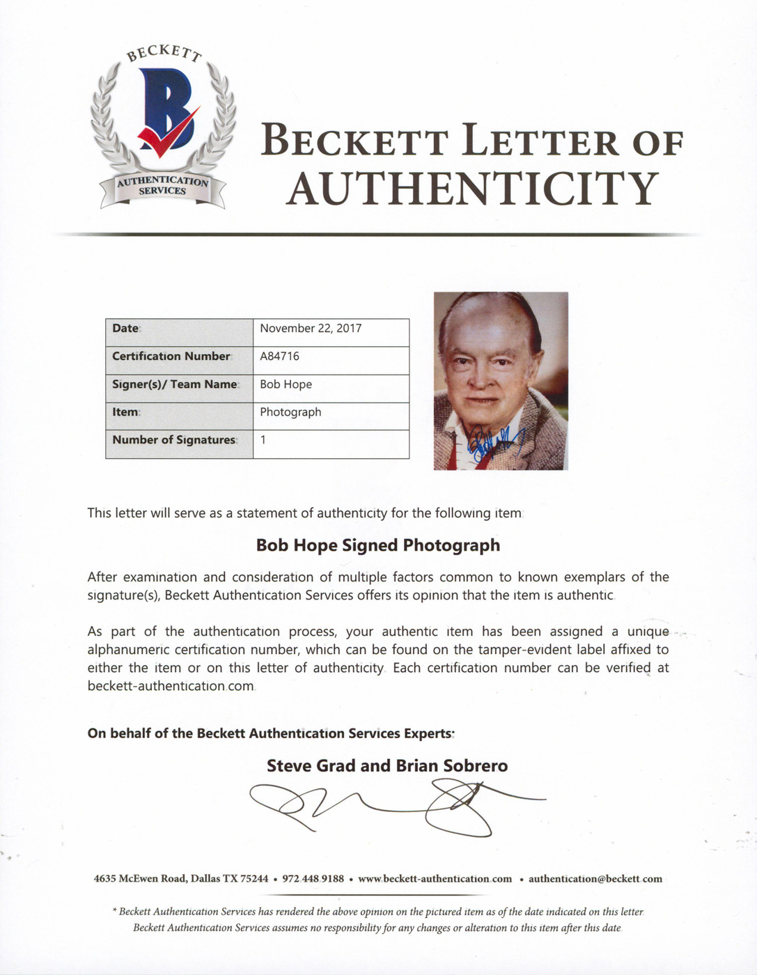 Bob Hope The Tonight Show Authentic Signed 8x10 Photo Autographed BAS #A84716