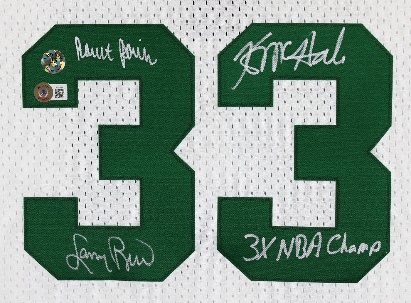 Celtics (3) Bird, Parish & McHale Signed White M&N Swingman Jersey BAS Witnessed