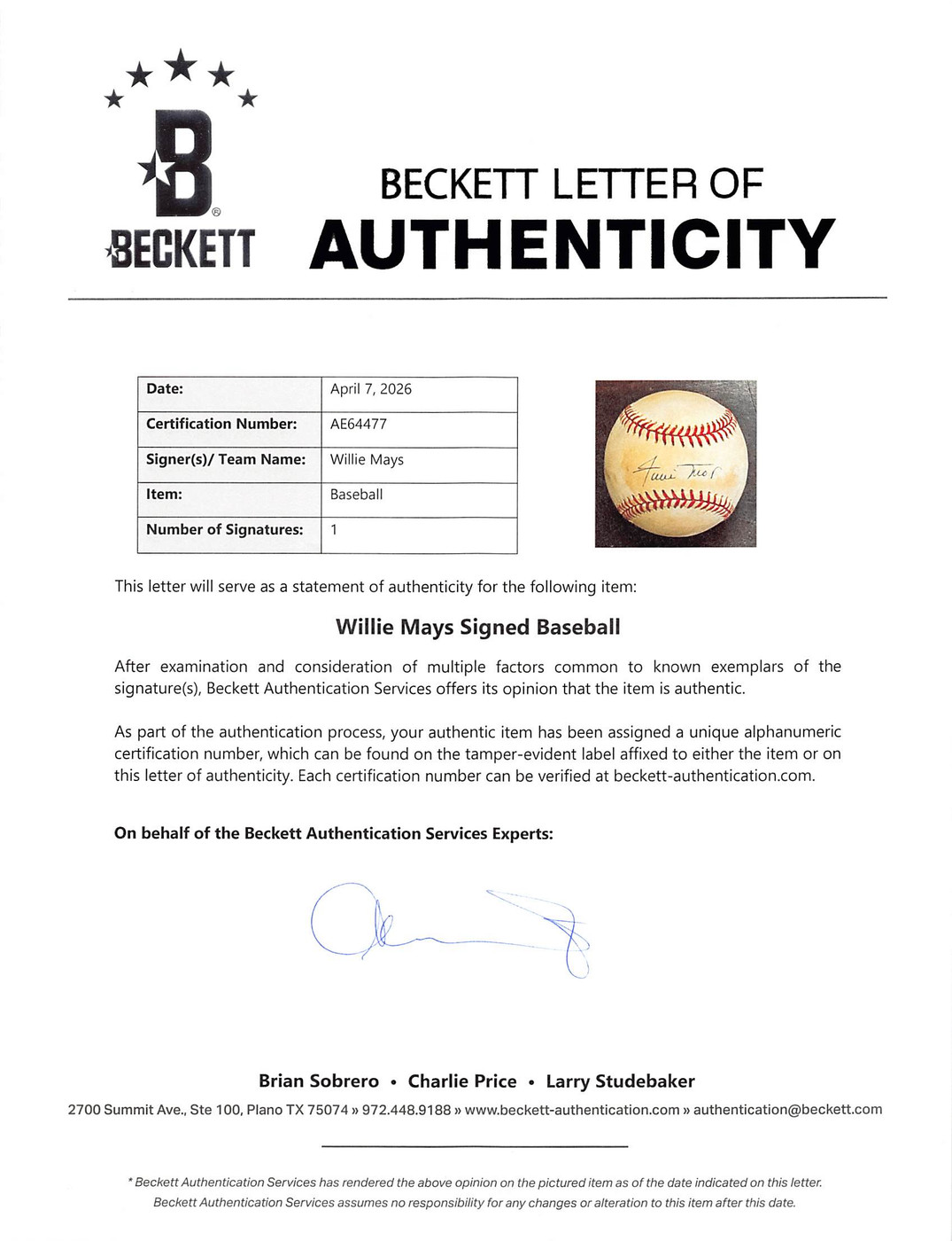 Giants Willie Mays Authentic Signed William White ONL Baseball BAS #AE64477