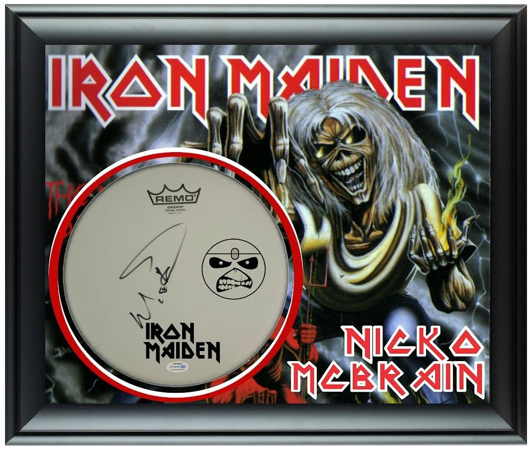 Iron Maiden Nicko McBrain Autographed Custom Framed Drum Head