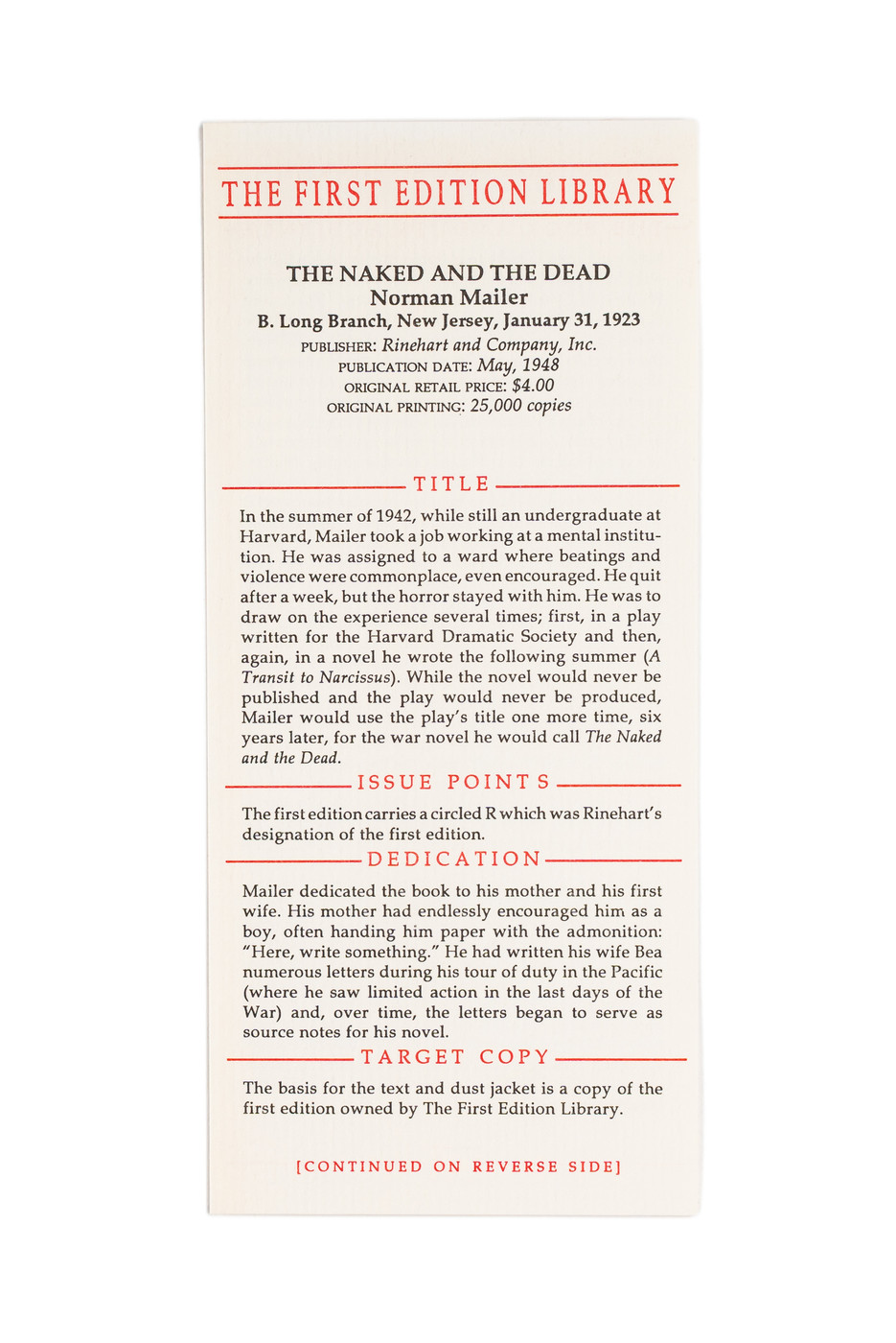 Norman Mailer's The Naked and the Dead Unsigned First Edition Library Printing