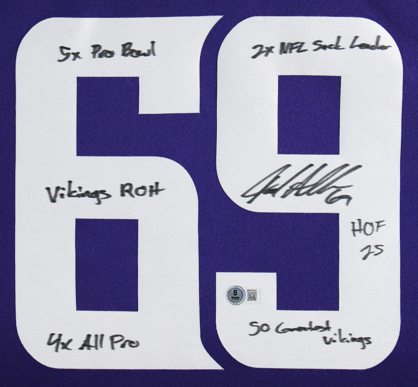 Vikings Jared Allen "6x Insc" Signed Purple Nike Limited Framed Jersey BAS Wit