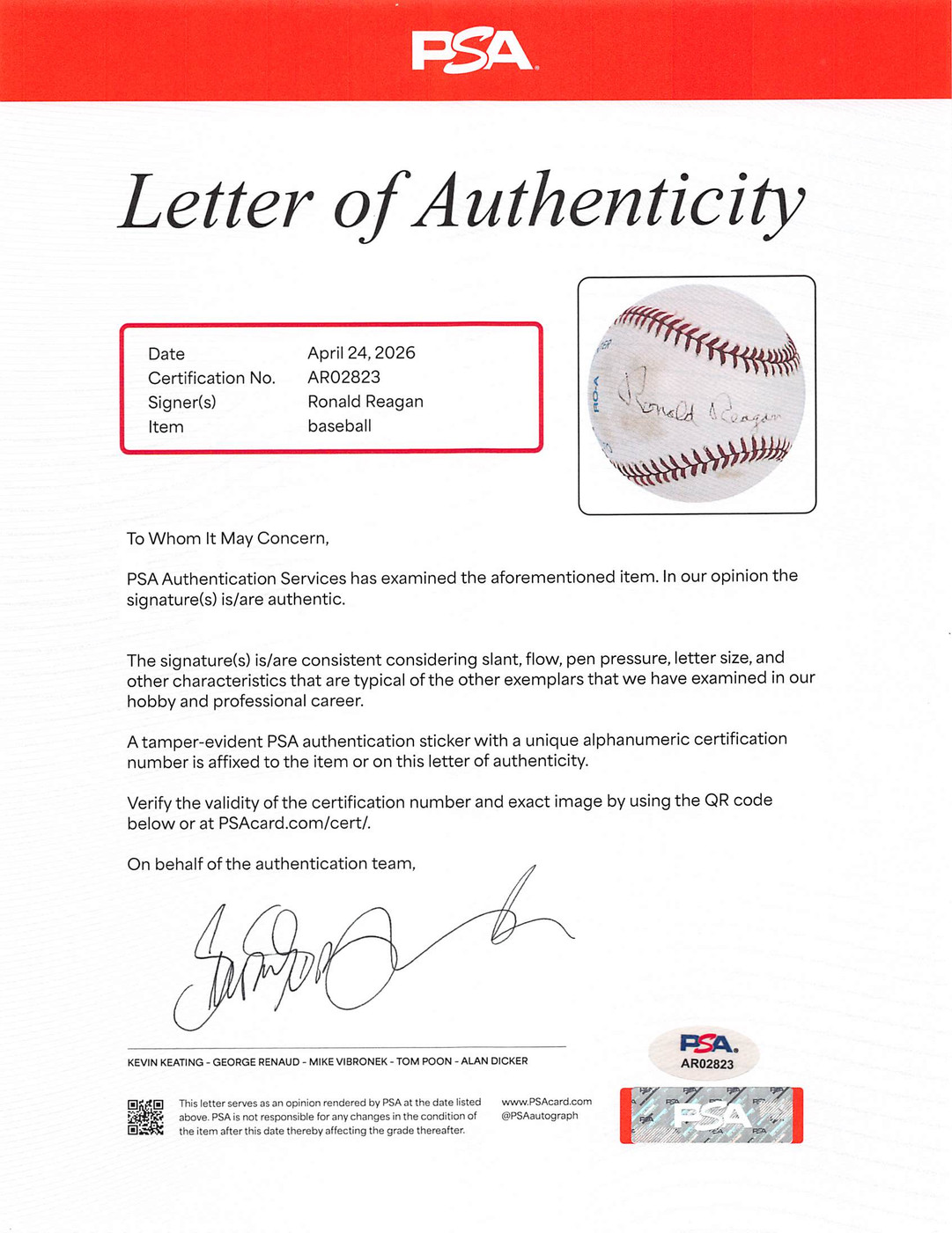 Ronald Reagan Authentic Signed Bobby Brown OAL Baseball PSA/DNA #AR02823