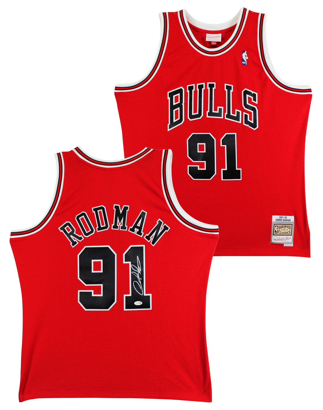 Bulls Dennis Rodman Signed Red Mitchell & Ness HWC Swingman Jersey