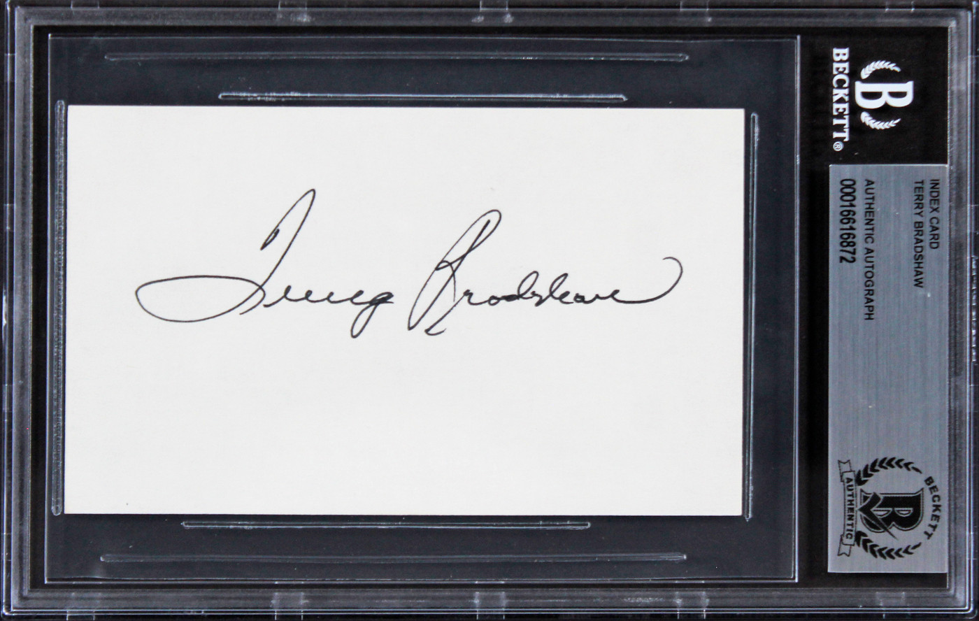 Steelers Terry Bradshaw Authentic Signed 3x5 Index Card Autographed BAS Slabbed Version 1