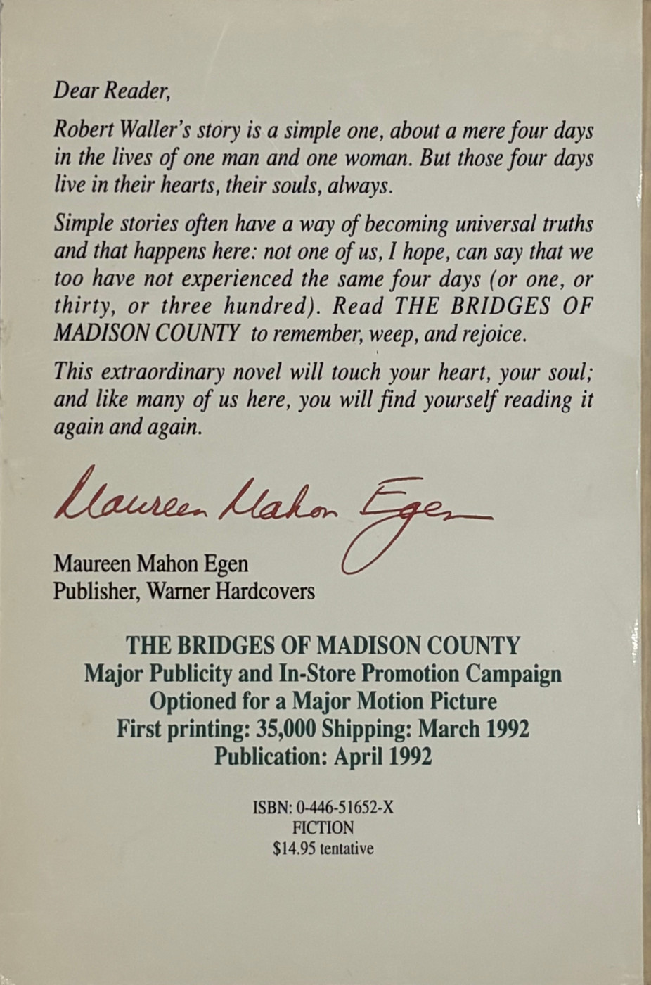 The Bridges of Madison County (Unsigned Advance Readers Copy)