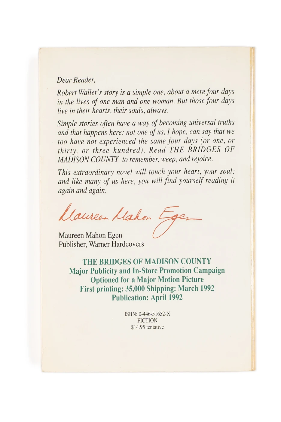 Robert James Waller's The Bridges of Madison County (Unsigned Advance Readers Copy)