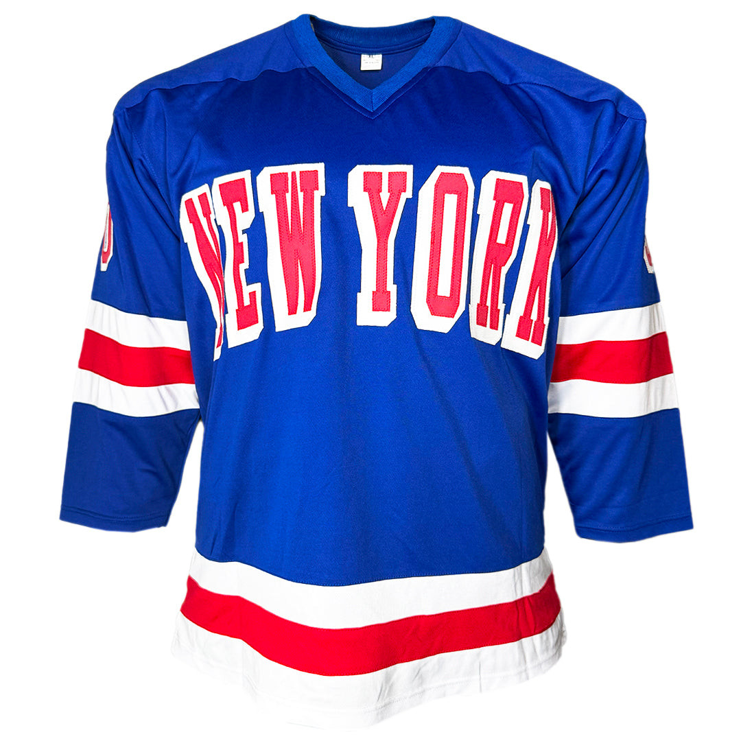 Gilles Villemure Signed 71 Vezina Inscription New York Blue Hockey Jersey (JSA)