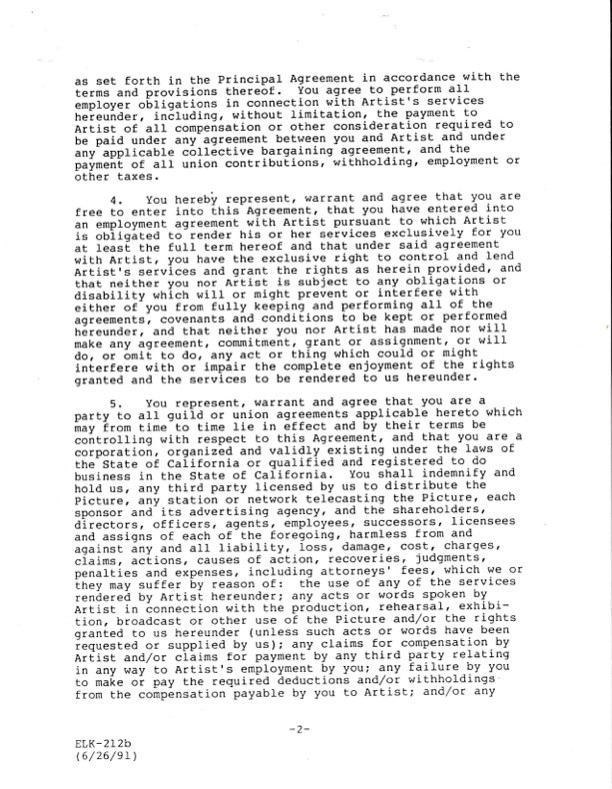 Harry Dean Stanton Hand-Signed 1991 "Man Trouble" Theatrical Film Contract