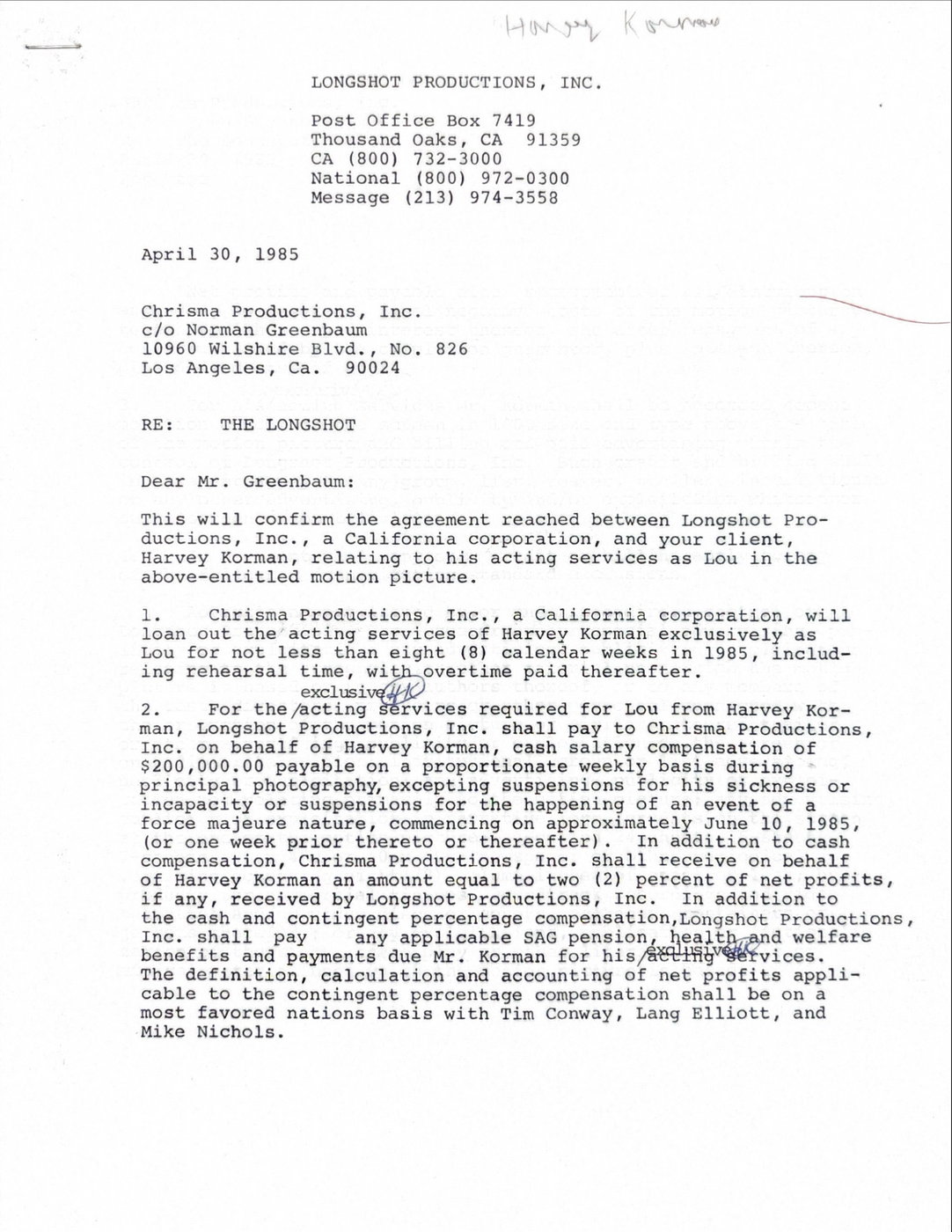 Harvey Korman Hand-Signed 1985 "The Longshot" Theatrical Film Contract