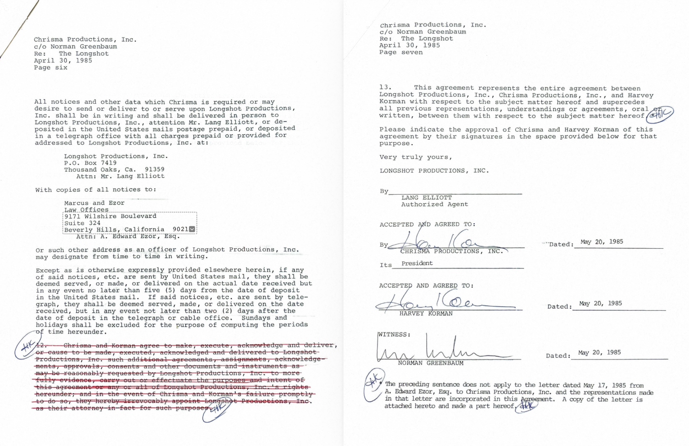 Harvey Korman Hand-Signed 1985 "The Longshot" Theatrical Film Contract