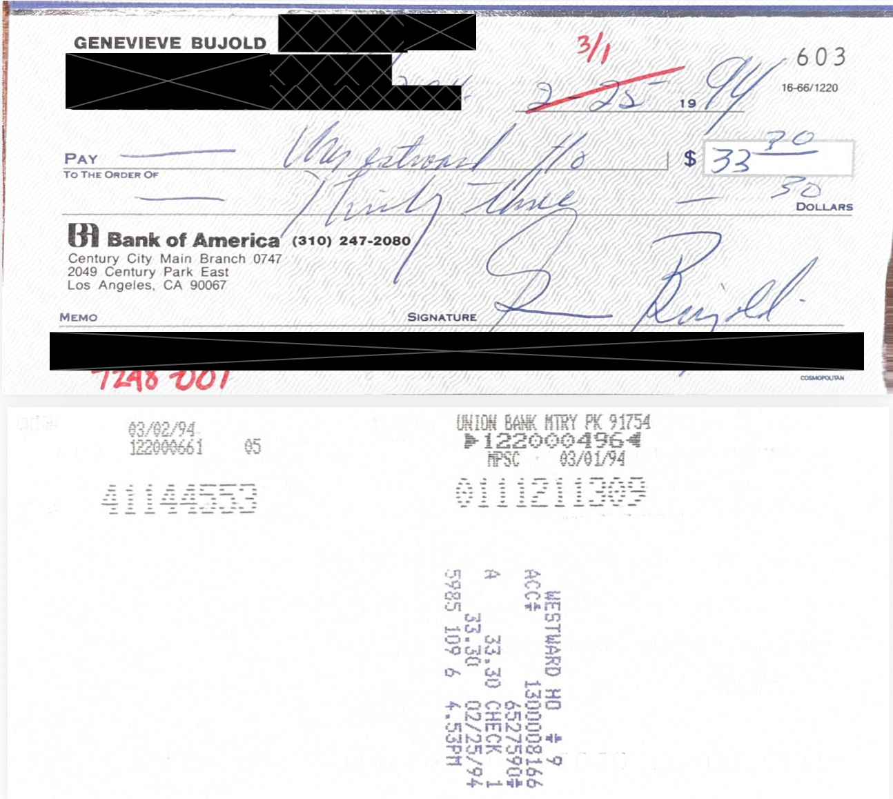 Genevieve Bujold Hand-Signed 1994 Personal Bank Check 