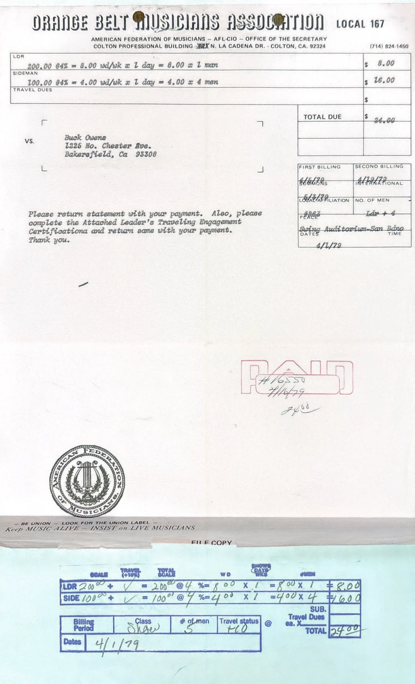 Buck Owens Hand-Signed 1979 Country Music Concert Contract & Union Statement Archive