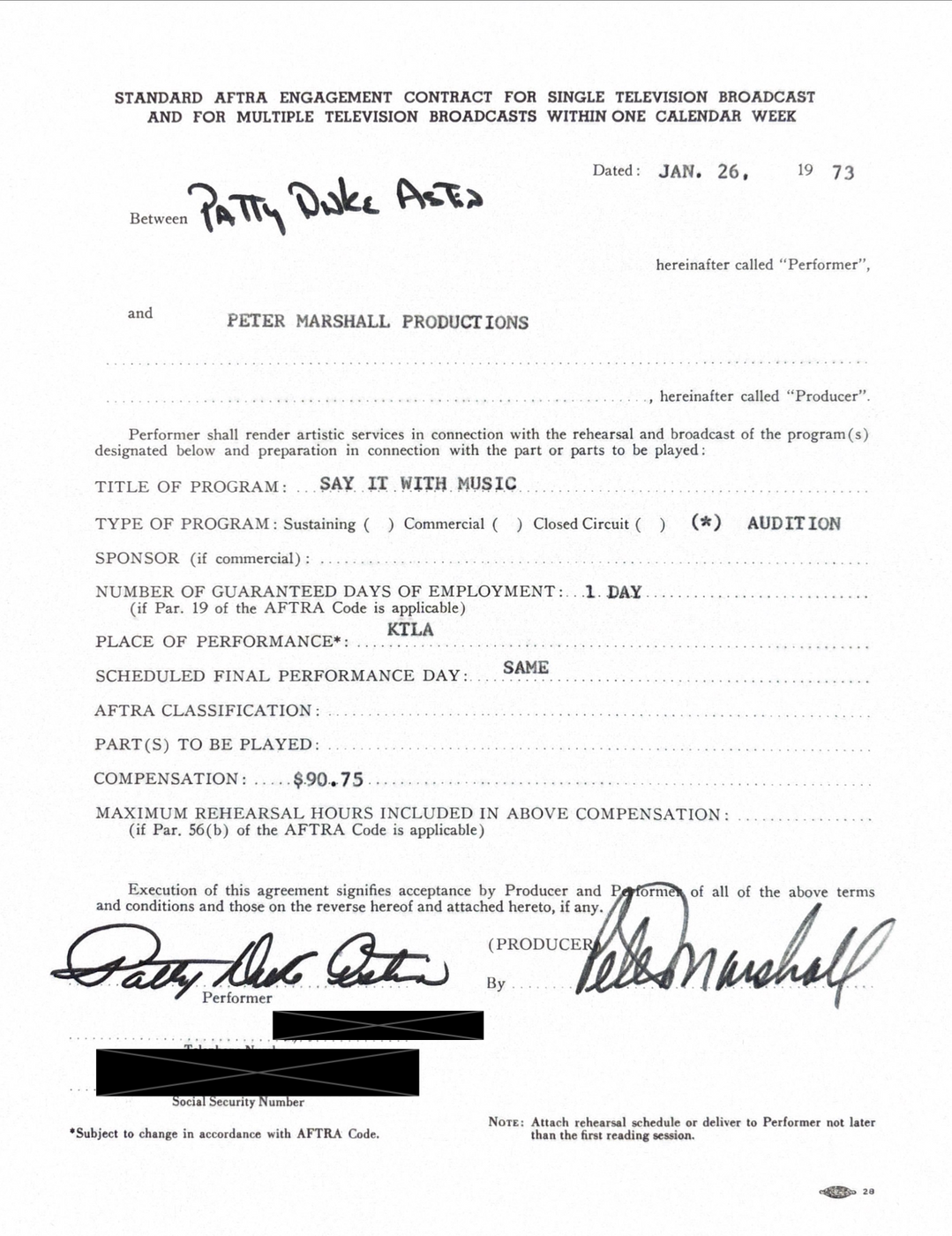 Patty Duke Hand-Signed 1973 "Say It with Music" Television Audition Contract