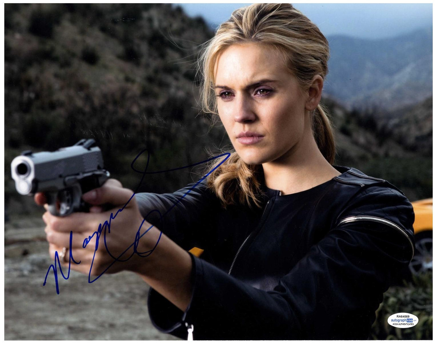Maggie Grace Signed Autographed 11x14 Photo with Gun ACOA