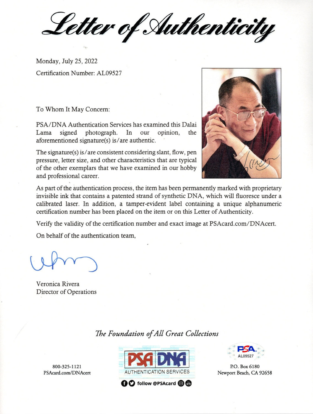 Dalai Lama Autographed Framed Custom Photo Display