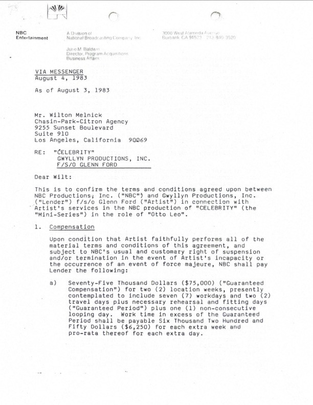 Glenn Ford Hand-Signed 1983 NBC Television "Celebrity" Mini-Series Deal Memo