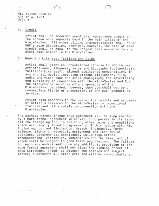 Glenn Ford Hand-Signed 1983 NBC Television "Celebrity" Mini-Series Deal Memo