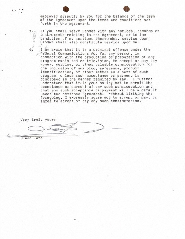 Glenn Ford Hand-Signed 1983 NBC Television "Celebrity" Mini-Series Deal Memo