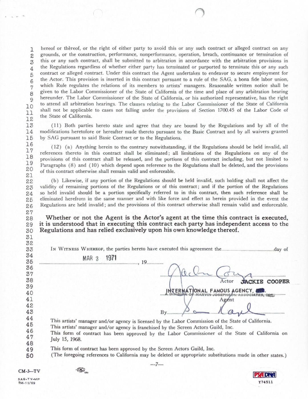 Jackie Cooper Hand-Signed 1971 Television Motion Picture Agency Contract