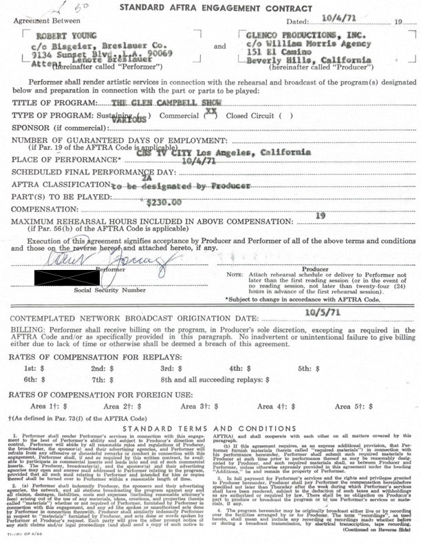 Certified Robert Young Hand-Signed 1971 "The Glen Campbell Show" Television Contract