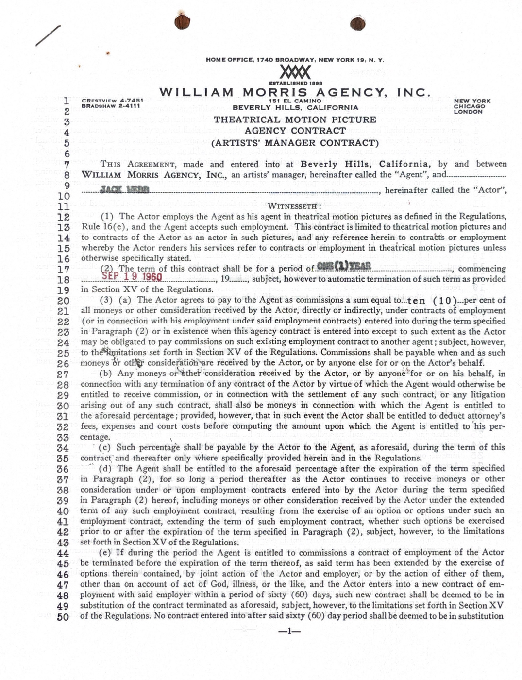 Jack Webb Hand-Signed 1960 William Morris Agency Theatrical Motion Picture Contract