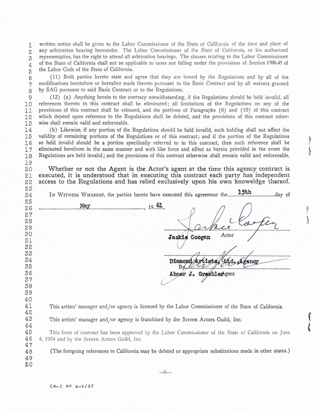 Jackie Coogan Hand-Signed 1961 Diamond Artists Theatrical Motion Picture Agency Contract