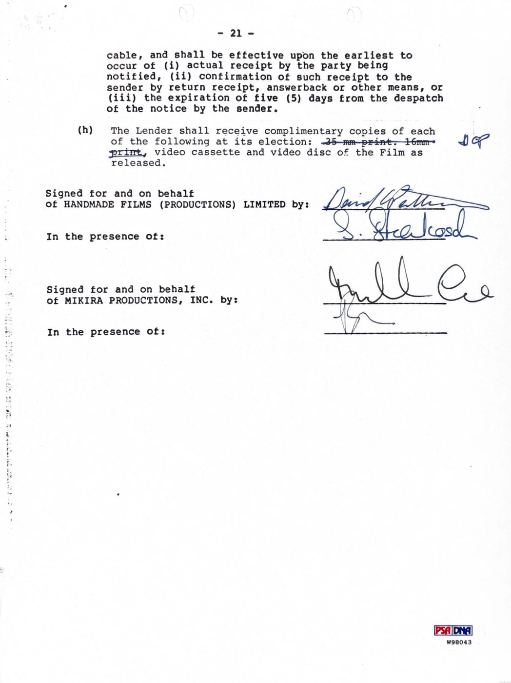 Michael Caine Hand-Signed 1984 "Water" Feature Film Contract