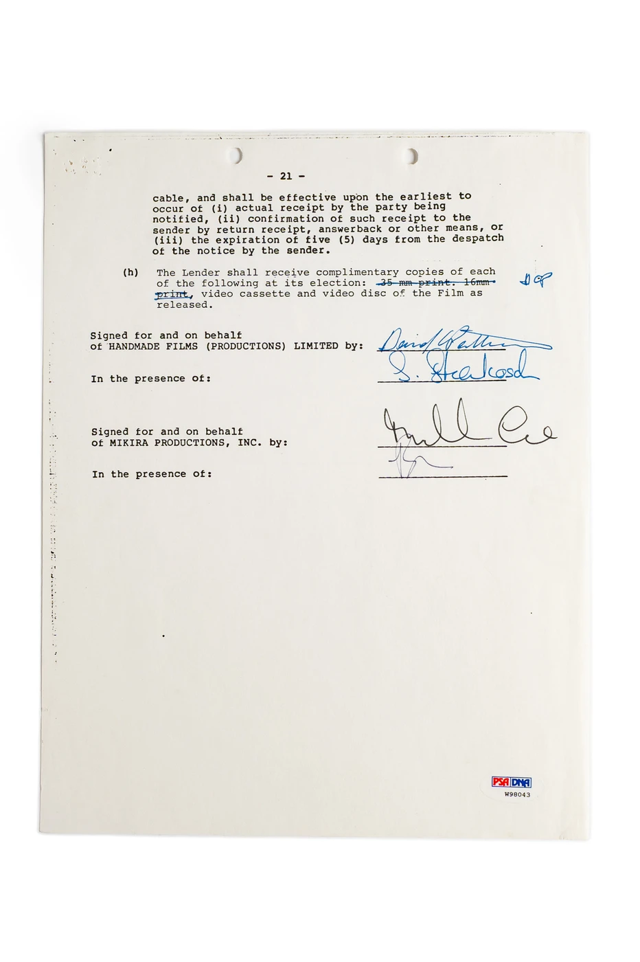 Michael Caine Hand-Signed 1984 "Water" Feature Film Contract