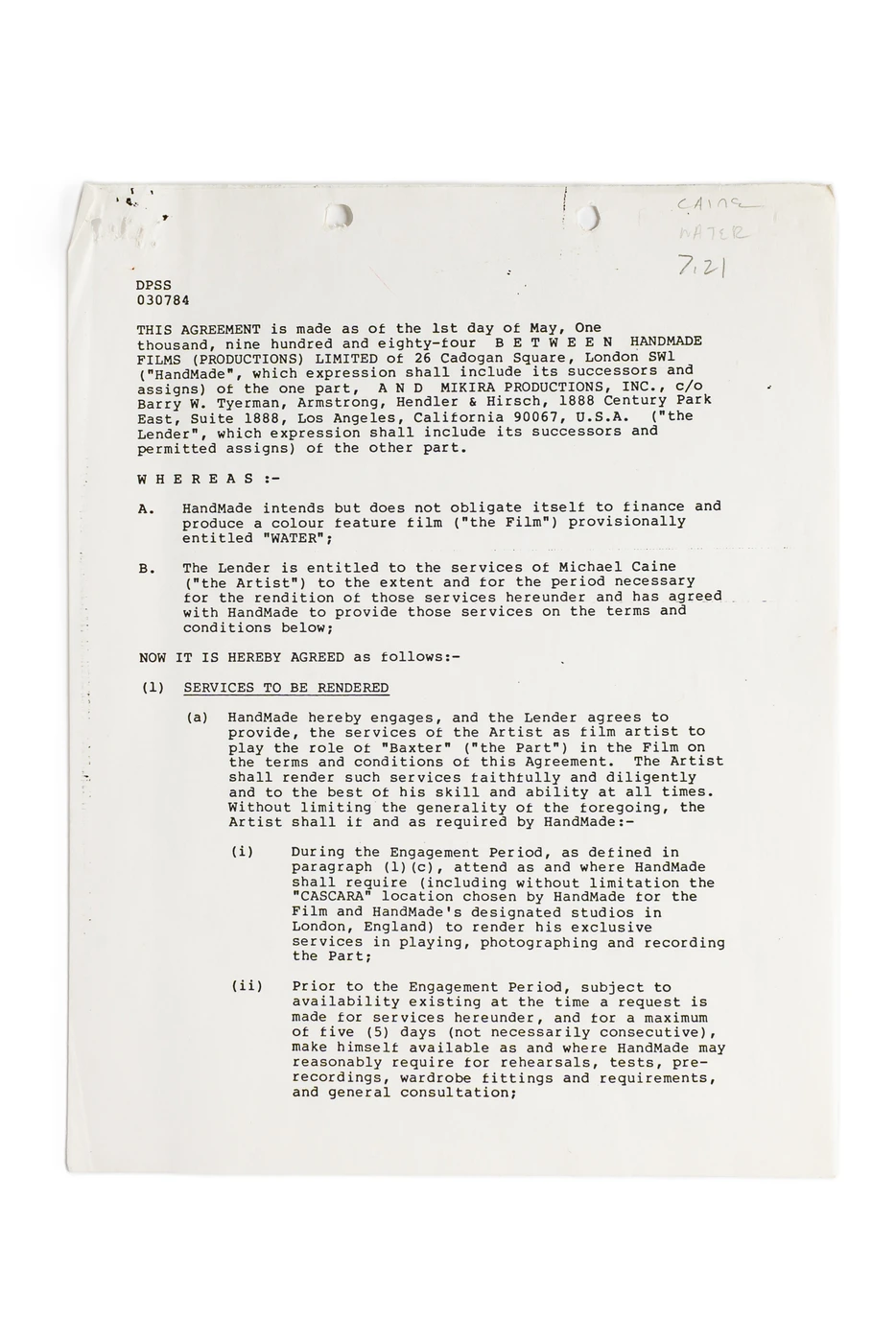 Michael Caine Hand-Signed 1984 "Water" Feature Film Contract