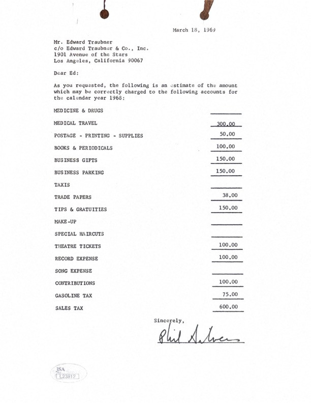 Phil Silvers Hand-Signed 1969 Financial Accounting Manuscript