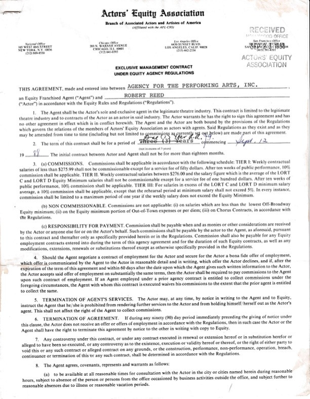 Robert Reed Hand-Signed 1988 Actors' Equity Exclusive Management Contract