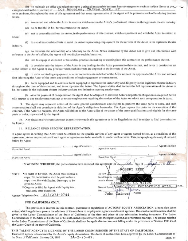 Robert Reed Hand-Signed 1988 Actors' Equity Exclusive Management Contract