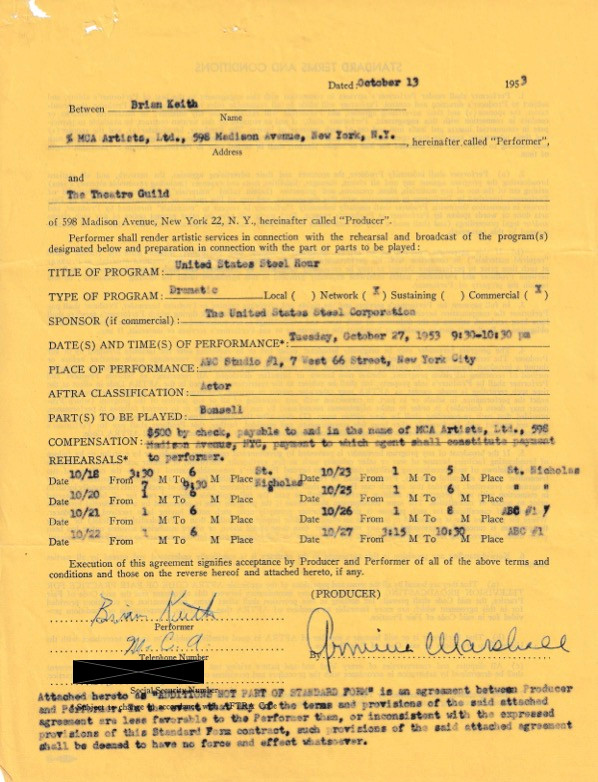 Brian Keith Hand-Signed 1953 "The United States Steel Hour" Network Television Contract