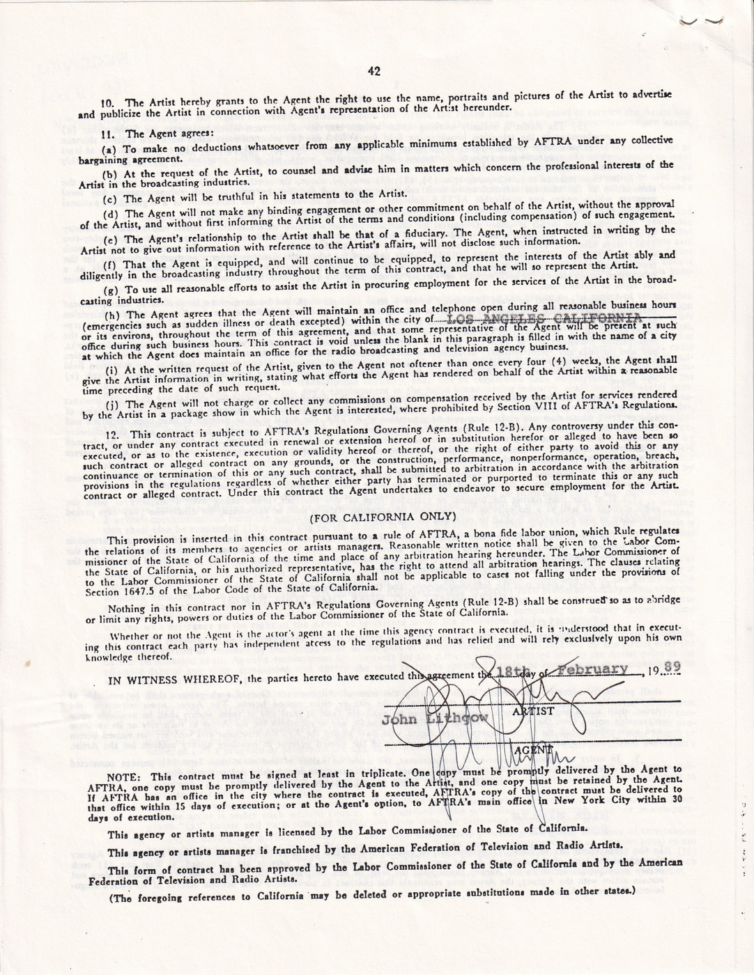 John Lithgow Hand-Signed 1989 AFTRA Exclusive Agency Contract