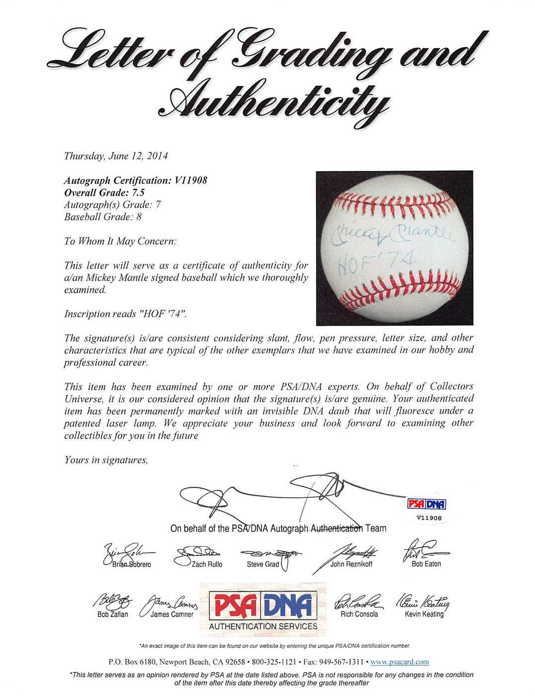 Yankees Mickey Mantle "HOF 74" Signed OAL Baseball Graded 7.5! PSA & JSA LOAs