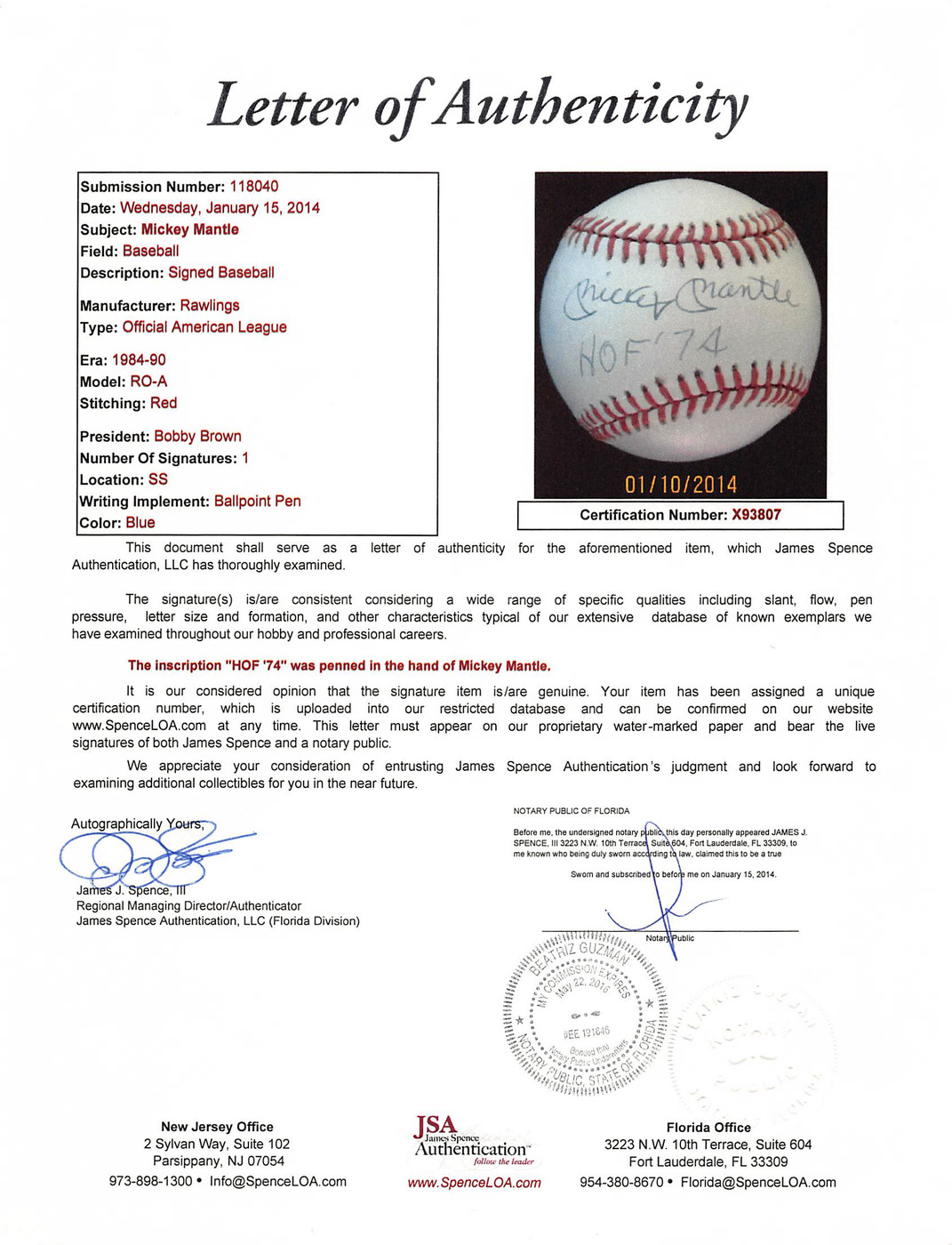 Yankees Mickey Mantle "HOF 74" Signed OAL Baseball Graded 7.5! PSA & JSA LOAs