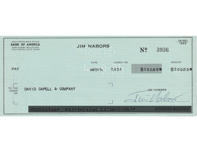 Jim Nabors Hand-Signed 1974 Personal Bank Check