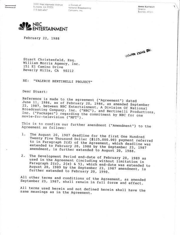 Valerie Bertinelli Hand-Signed 1988 NBC Entertainment Television Contract Amendment