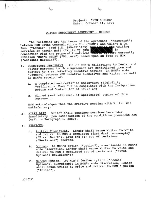Martin Mull Hand-Signed 1990 MGM Hollywood Studio Screenplay Contract