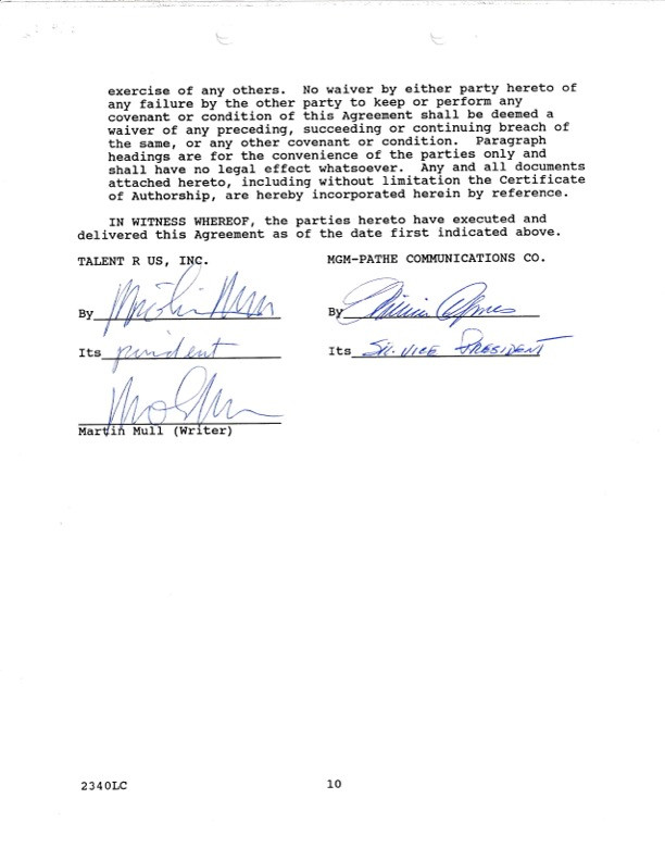 Martin Mull Hand-Signed 1990 MGM Hollywood Studio Screenplay Contract