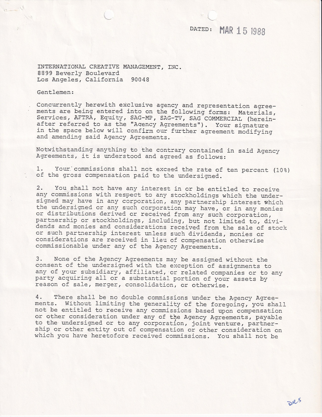 Roddy McDowall Hand-Signed 1988 ICM & William Morris Agency Television Rider Contract