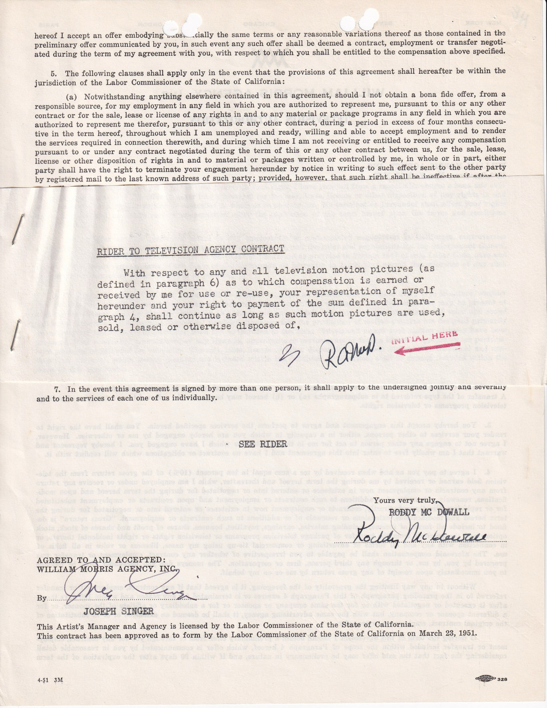 Roddy McDowall Hand-Signed 1988 ICM & William Morris Agency Television Rider Contract