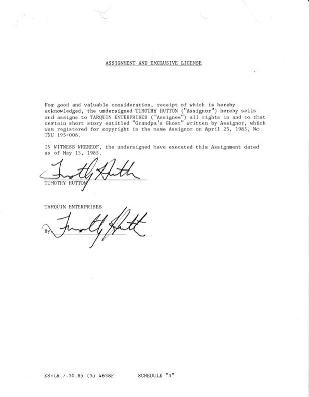 Timothy Hutton Hand-Signed 1985 Intellectual Property Contract
