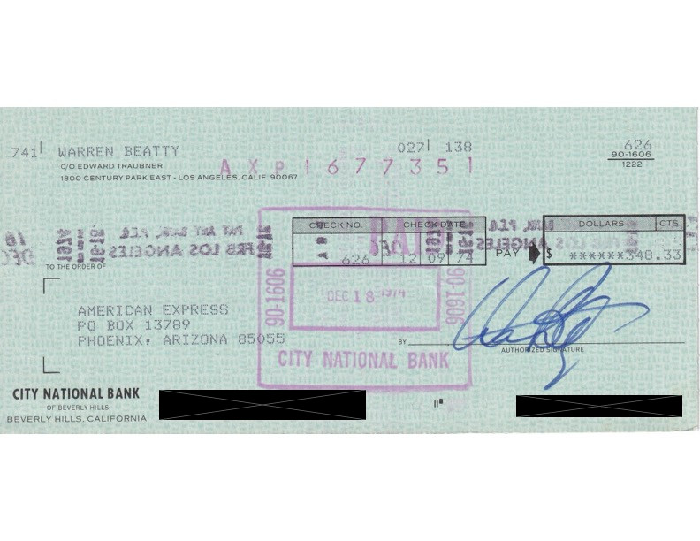Warren Beatty Hand-Signed 1974 Personal Bank Check