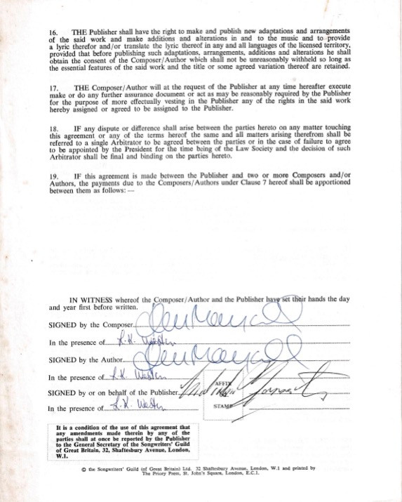 John Mayall Hand-Signed 1965 Publishing Contract